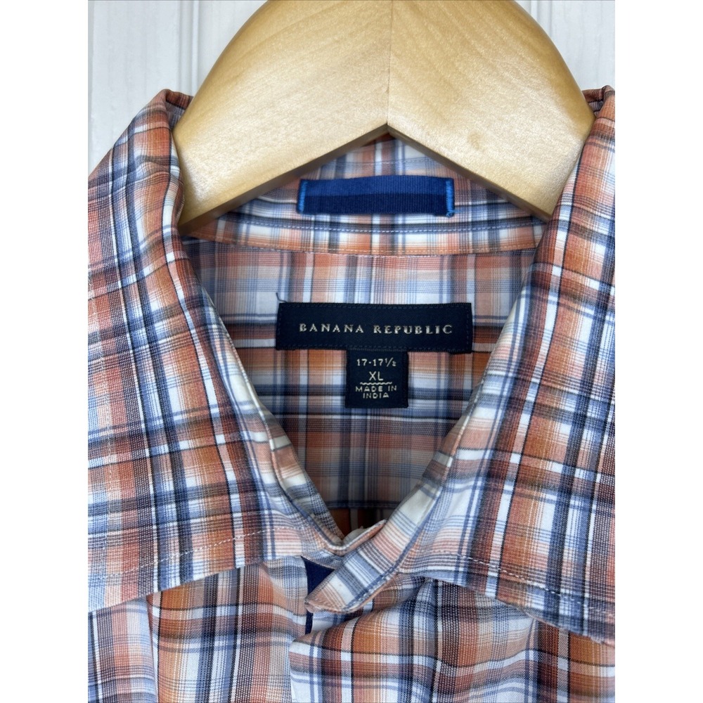 Banana Republic men's XL Shirt orange gray white plaid long sleeve - Picture 3 of 12